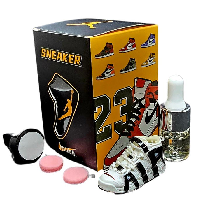 Autó légfrissítő modell 2025 Sneaker Nike Air More Uptempo White & Black Edition, Feltöltő parfüm pipettával 5ml, ABS műanyag, Kézzel készített, Vanília aroma