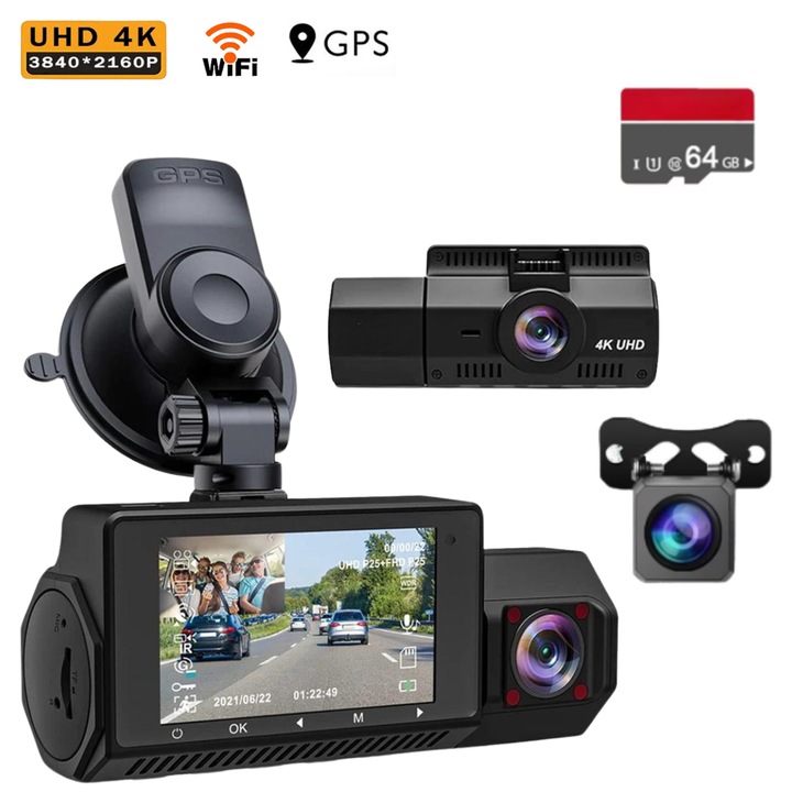 Автомобилен DVR V25 Versatyx® камера, 4K предна, 2K вътрешна, 2K задна, 64GB карта включена, 256GB капацитет, GPS и WiFi, G сензор и цикъл на запис, 24H режим на защита, специално приложение, WDR и инфрачервено нощно виждане, 170°&140°x140° зрително поле