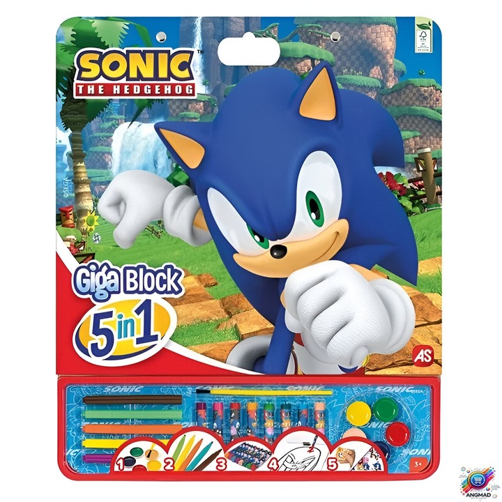 Комплект за оцветяване Sonic 5 в 1, включва: 1 блок с 25 предварително отпечатани страници, 5 водни бои, 5 маркера, 8 восъчни пастели, 1 четка и 1 лист със стикери, 35x1x42, 3 години+