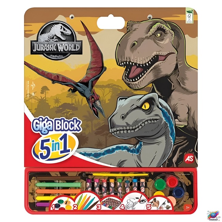 Set de colorat (pictat) Jurasic Word 5 in 1, include: 1 bloc cu 25 de file preimprimate, 5 acuarele, 5 carioci, 8 creioane cerate, 1 pensula si 1 fila cu autocolante, 35x1x42, 3ani+