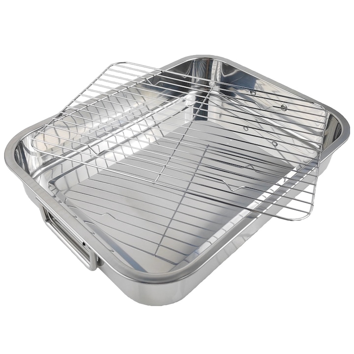 Тава за печене с решетка, Golxmse 2 броя, неръждаема стомана за хранителни цели, 42x32x6.5 см, сребриста