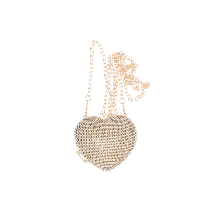 Мини чанта, дамска, от синтетичен материал, ButicCochet, 8x9x4 см, сърце с кристали, злато - GND960