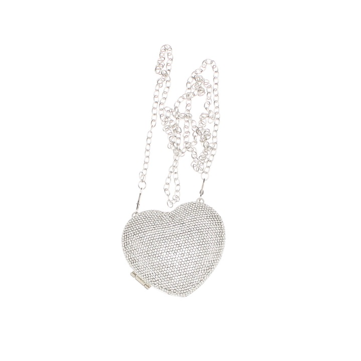 Мини чанта, дамска, от синтетичен материал, ButicCochet, 8x9x4 см, сърце с кристали, Silver - GND961