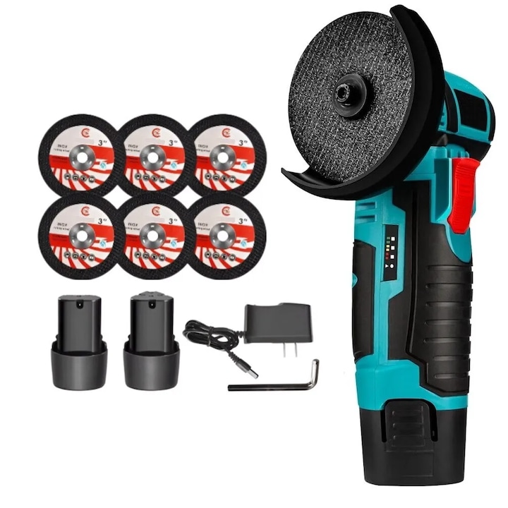 Mini Polizor Flex Unghiular, Portabil, 36V 2Ah, 19500RPM, 2 Acumulatori, 5 Discuri de Taiere