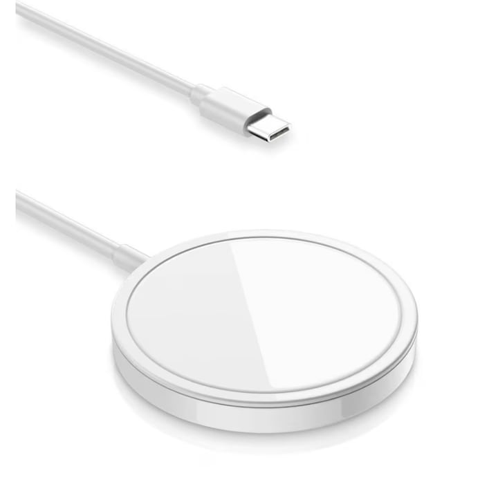 WaltStore® MagSafe mágneses vezeték nélküli töltő, 15 W-os gyorstöltés, USB-C, kompatibilis iPhone 16/15/14/13/12/11 Pro Max, AirPods Pro/2, Samsung, Huawei, LG, Xiaomi készülékekkel, fehér
