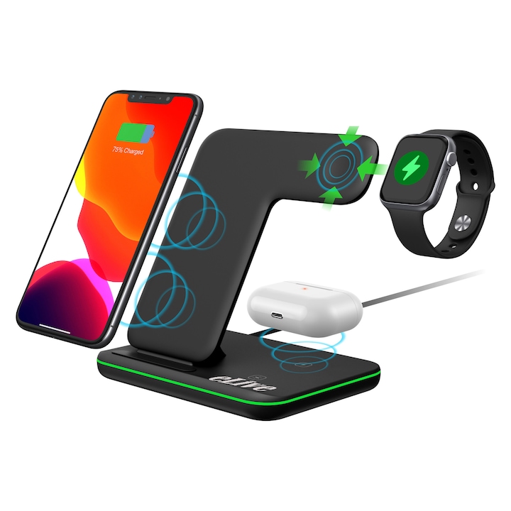 eLIVE S5A 3in1 Wireless Charger, Qi Type C Super Fast Charge 3A, Светлинен индикатор, Бързо зареждане, Съвместим с Apple Phone, Samsung, Huawei, Xiaomi, Apple Watch, Airpods Pro Samsung Galaxy Buds, Buds+, Черен