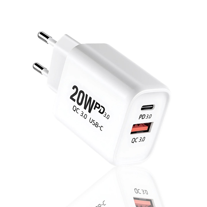 Incarcator Retea TimesTwo Ronic X, Incarcare Rapida 20W cu Dublu Port USB-C PD 3.0 + USB-A QC 3.0, Compatibil cu iPhone, Huawei, Samsung, Xiaomi, Honor, Alb