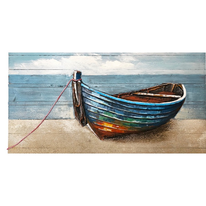 Tablou decorativ pe lemn, in stil marin contemporan, cu barca 3D, sfoara reala ca element decorativ integrat, sistem de prindere cu agatatori, 120x82 cm