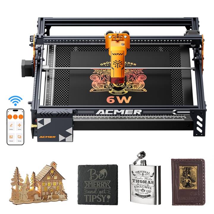 ACMER P1 S PRO 6W – Masina laser CNC pentru gravura si taiere, 380×370mm, perfecta pentru DIY, cadouri si proiecte creative