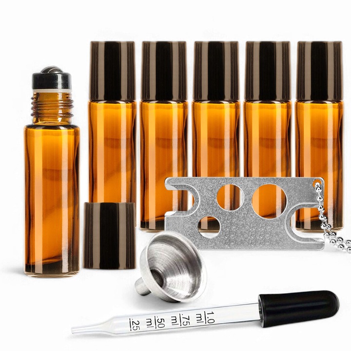 6 db 10 ml-es roll-on üvegedény készlet, zioda smart essentials®, kis üres üvegek illóolajokhoz, parfümhöz, aromákhoz, mirhához, univerzális, újrafelhasználható, UV védelem, hasznos kiegészítők, borostyán
