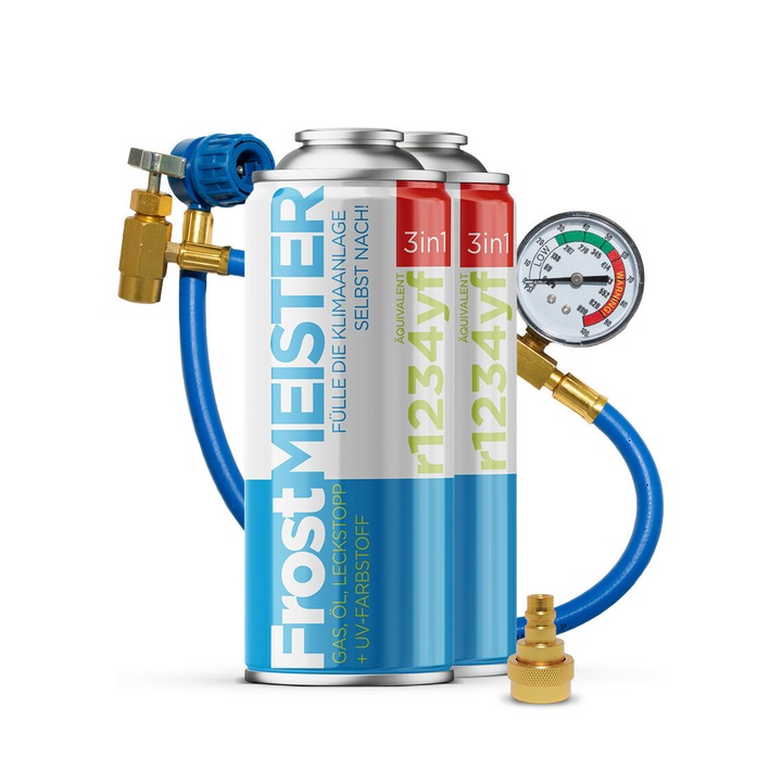 FrostMEISTER 3 az 1-ben autóklíma utántöltő készlet, 2x400ml készlet, R1234yf klímatöltő, nyomásmérő, adapter