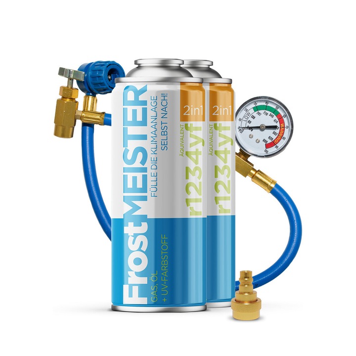 FrostMEISTER 2 az 1-ben autóklíma utántöltő készlet, 2x400ml készlet, 1x tömlő nyomásmérővel, 1x adapter, R1234yf