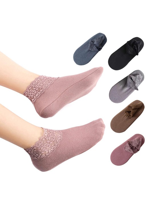 Комплект дамски чорапи от 5 чифта, дълги, с дантелен дизайн, неплъзгащи се, топли, многоцветни, за зимата