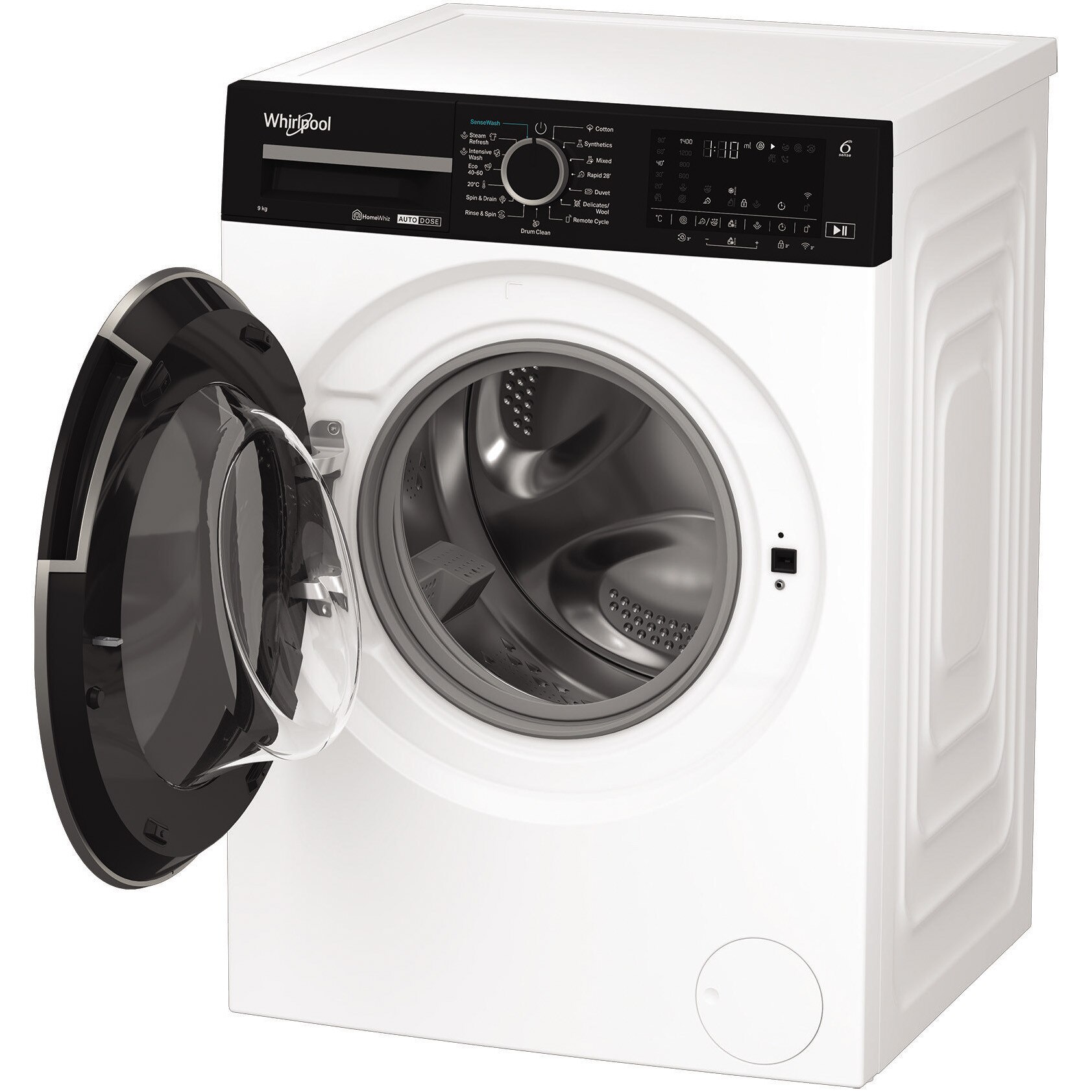 Masina de spalat rufe Whirlpool WPM911WADSEE, 9 kg, 1400 rpm, Clasa A, Motor Inverter, Tehnologia al 6-lea Simt, Display digital, Alb