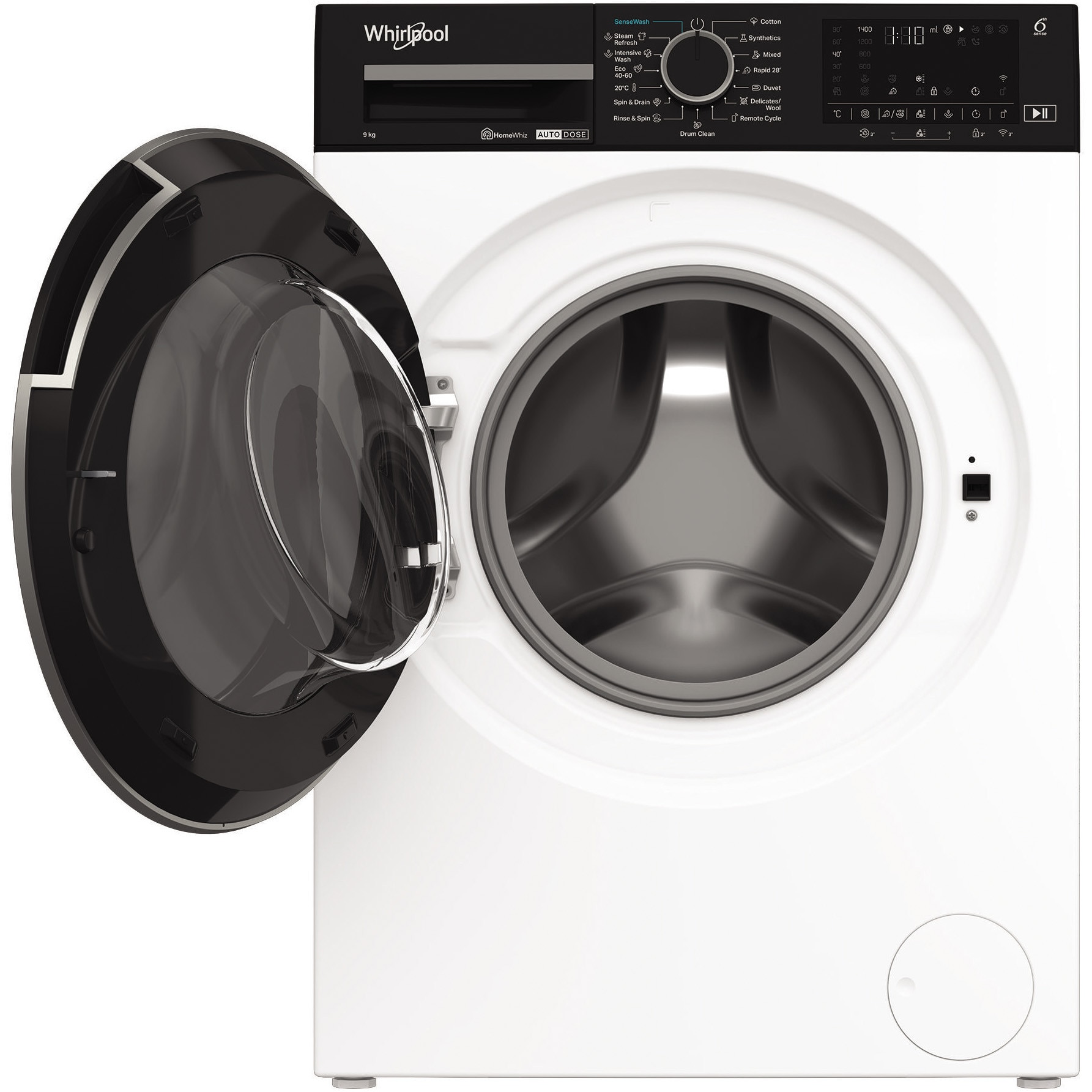 Masina de spalat rufe Whirlpool WPM911WADSEE, 9 kg, 1400 rpm, Clasa A, Motor Inverter, Tehnologia al 6-lea Simt, Display digital, Alb