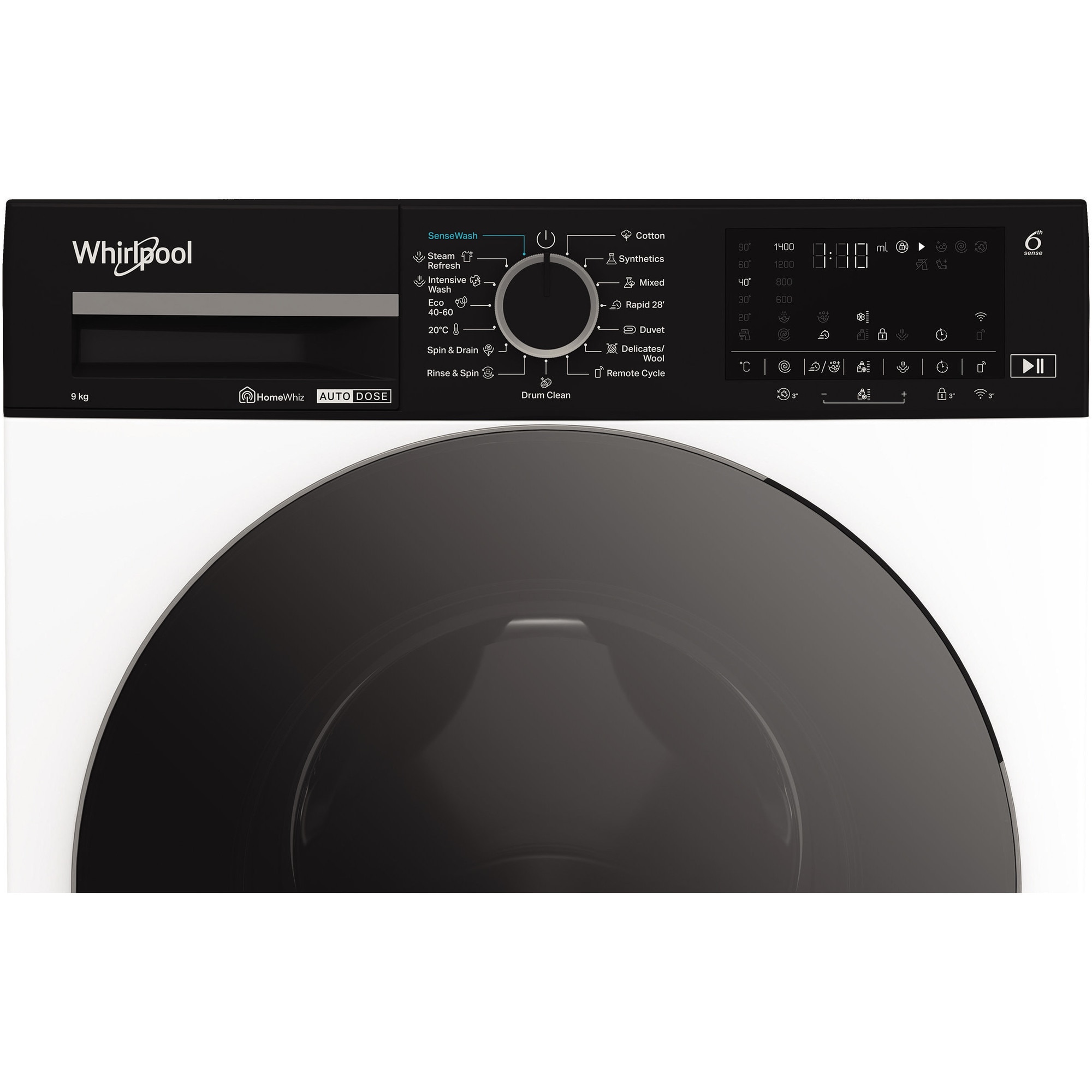 Masina de spalat rufe Whirlpool WPM911WADSEE, 9 kg, 1400 rpm, Clasa A, Motor Inverter, Tehnologia al 6-lea Simt, Display digital, Alb