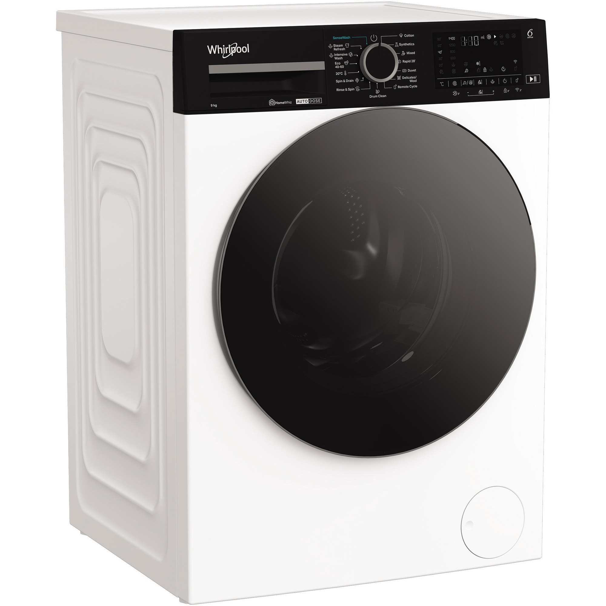 Masina de spalat rufe Whirlpool WPM911WADSEE, 9 kg, 1400 rpm, Clasa A, Motor Inverter, Tehnologia al 6-lea Simt, Display digital, Alb