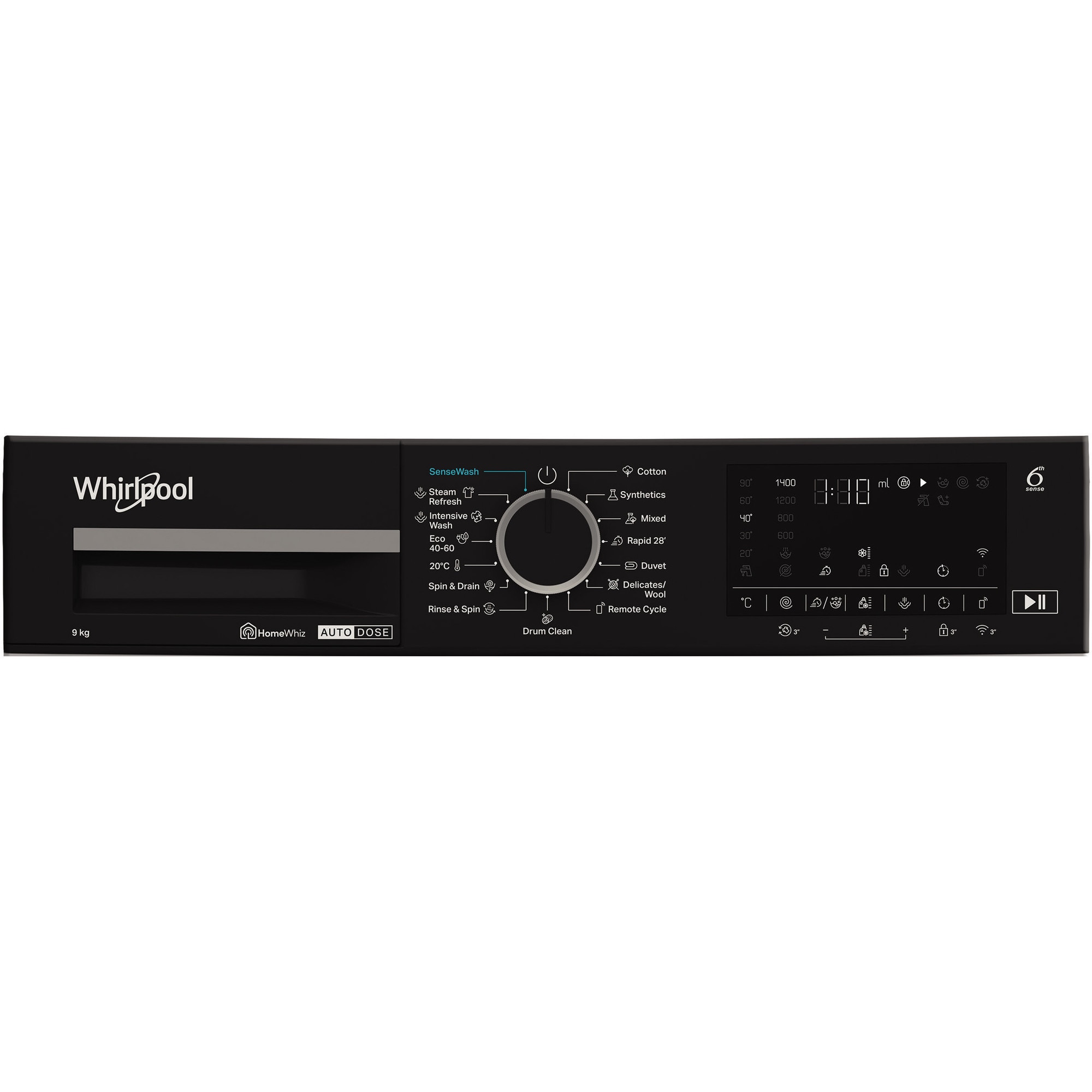 Masina de spalat rufe Whirlpool WPM911WADSEE, 9 kg, 1400 rpm, Clasa A, Motor Inverter, Tehnologia al 6-lea Simt, Display digital, Alb