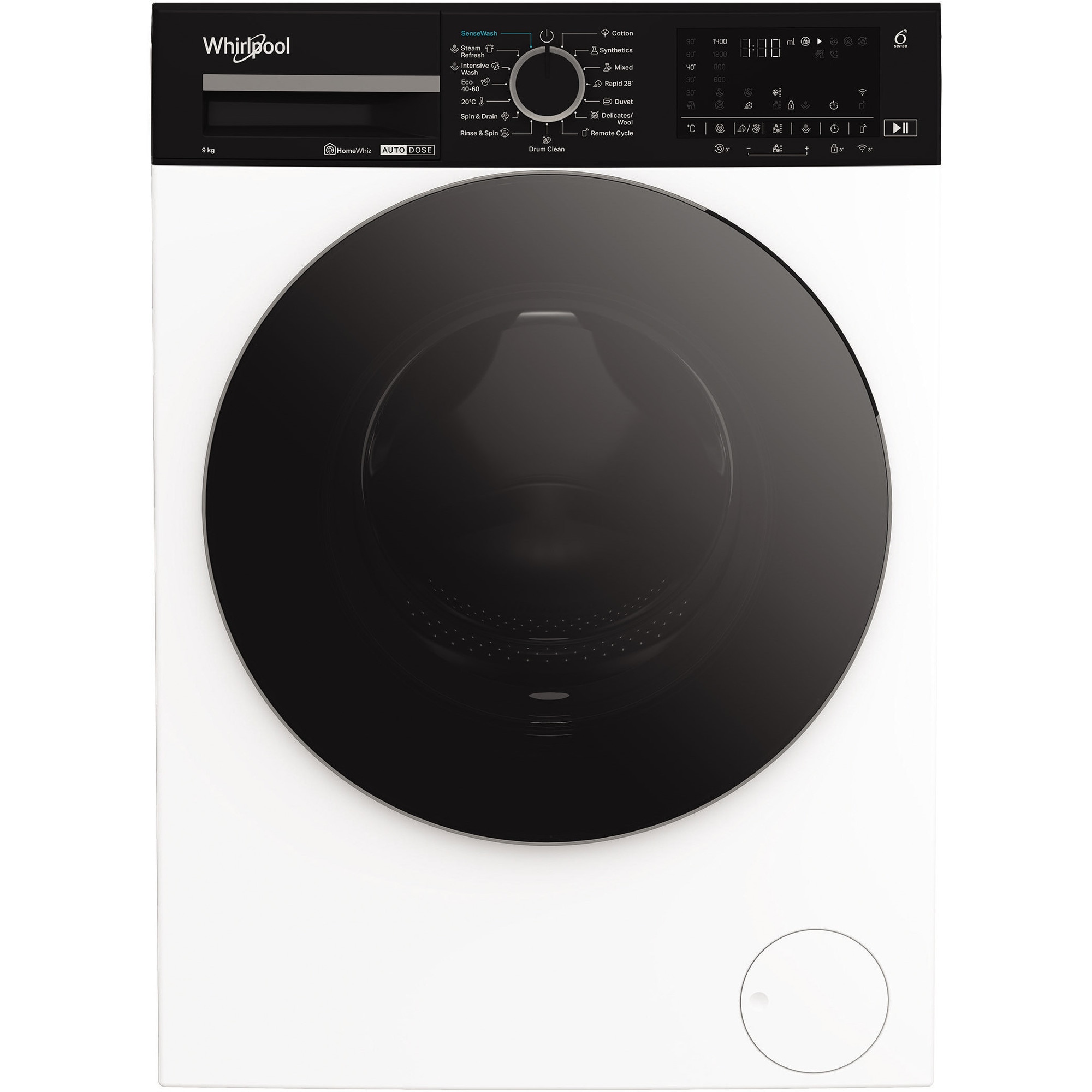 Masina de spalat rufe Whirlpool WPM911WADSEE, 9 kg, 1400 rpm, Clasa A, Motor Inverter, Tehnologia al 6-lea Simt, Display digital, Alb