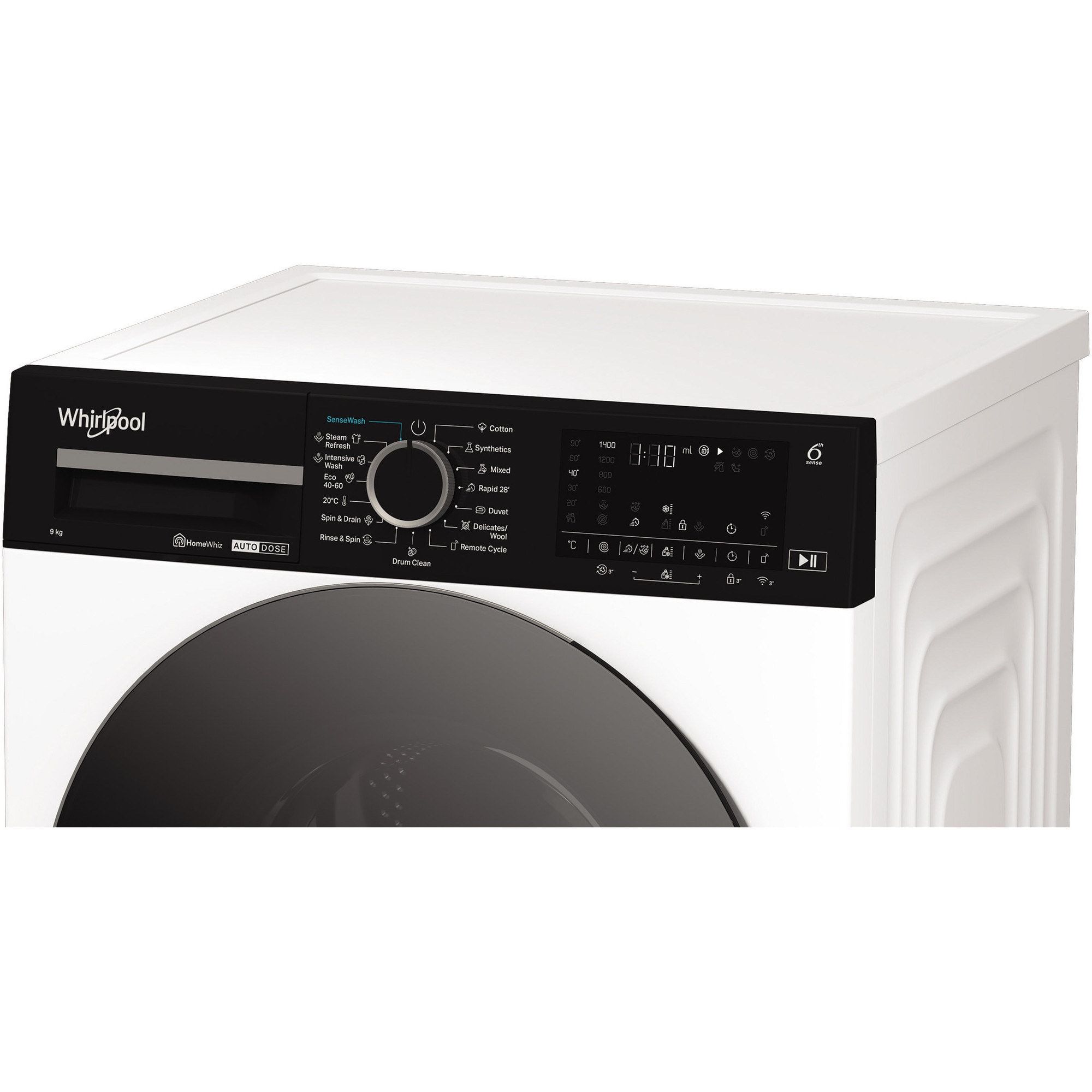 Masina de spalat rufe Whirlpool WPM911WADSEE, 9 kg, 1400 rpm, Clasa A, Motor Inverter, Tehnologia al 6-lea Simt, Display digital, Alb