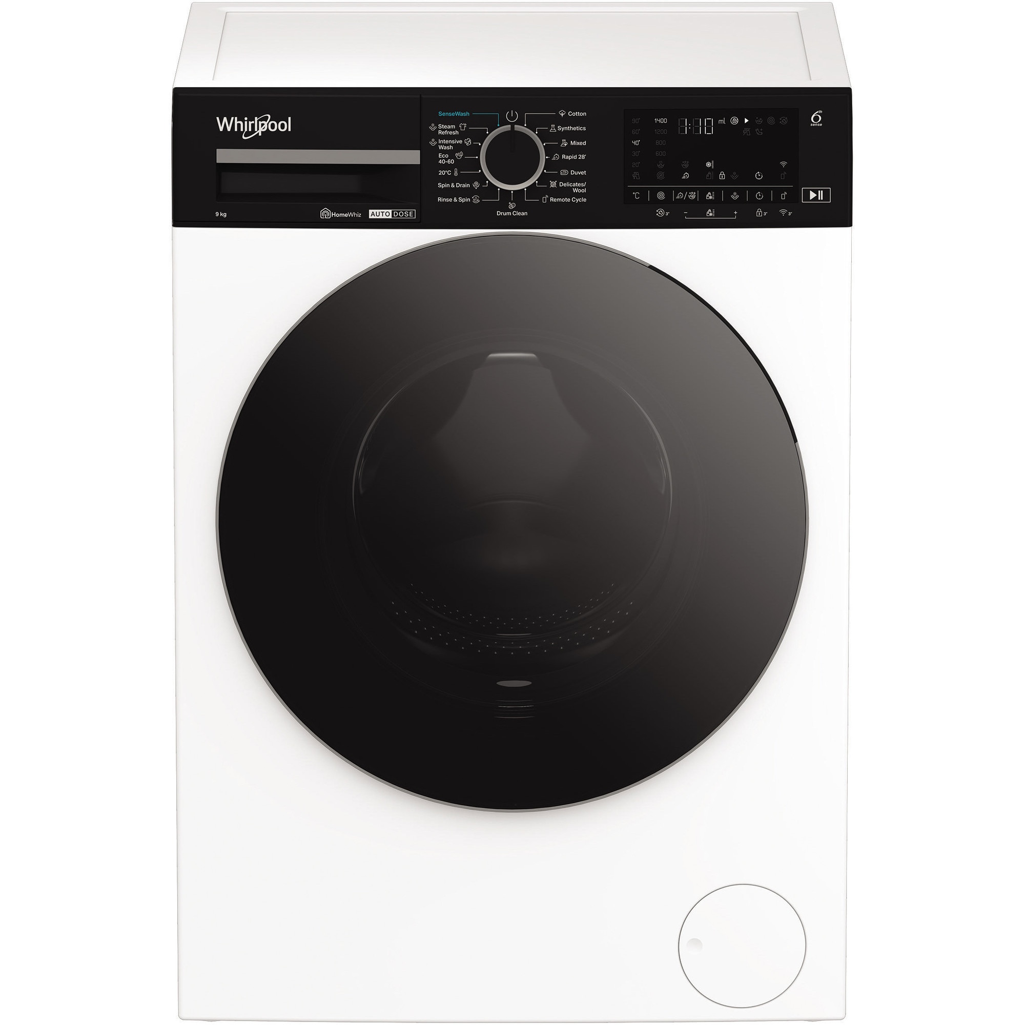 Masina de spalat rufe Whirlpool WPM911WADSEE, 9 kg, 1400 rpm, Clasa A, Motor Inverter, Tehnologia al 6-lea Simt, Display digital, Alb