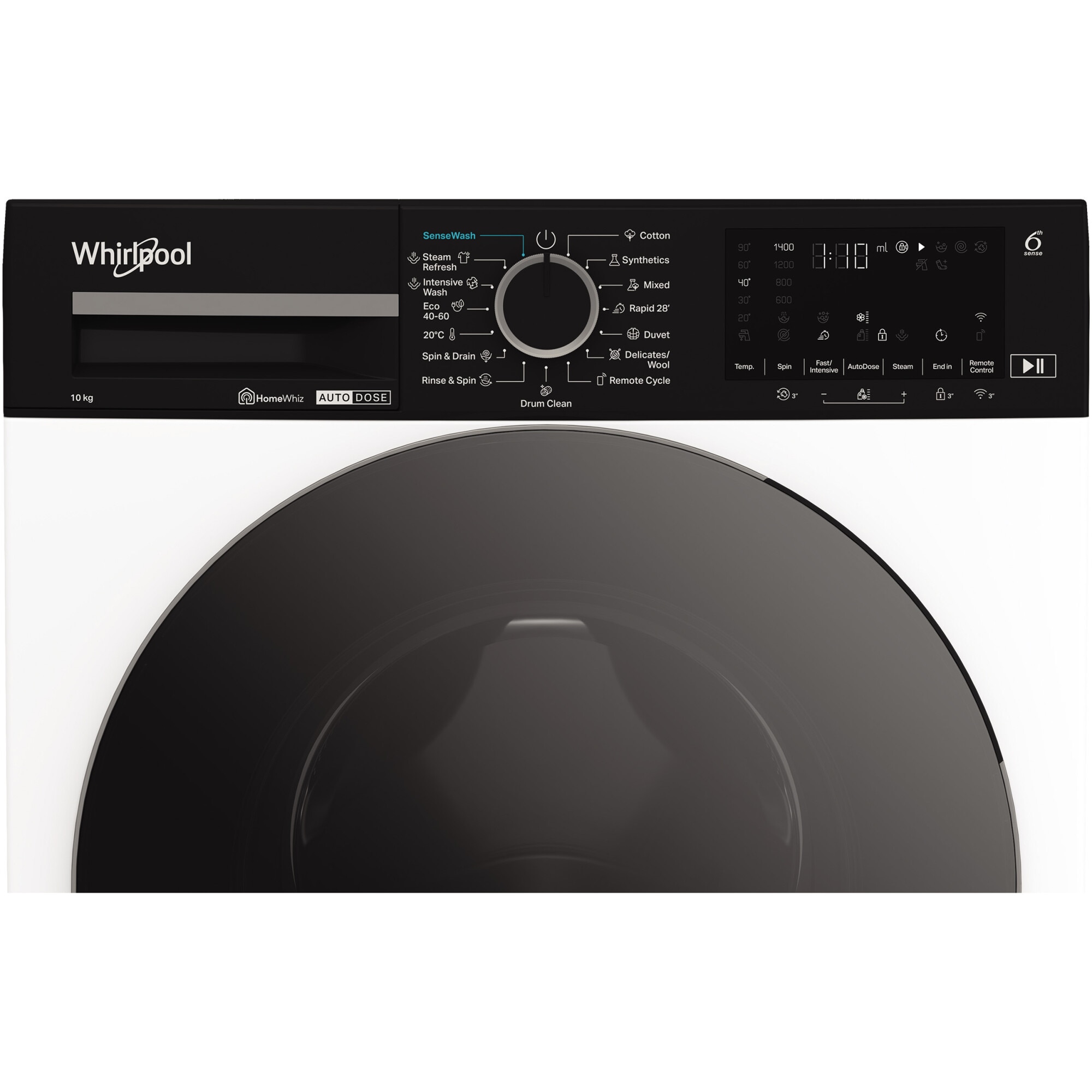 Masina de spalat rufe Whirlpool WPM07WADSEE, 10 kg, 1400 rpm, Clasa A, Motor Inverter, Tehnologia al 6-lea Simt, Display digital, Alb