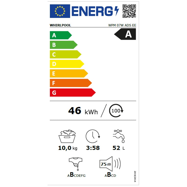 Masina de spalat rufe Whirlpool WPM07WADSEE, 10 kg, 1400 rpm, Clasa A, Motor Inverter, Tehnologia al 6-lea Simt, Display digital, Alb