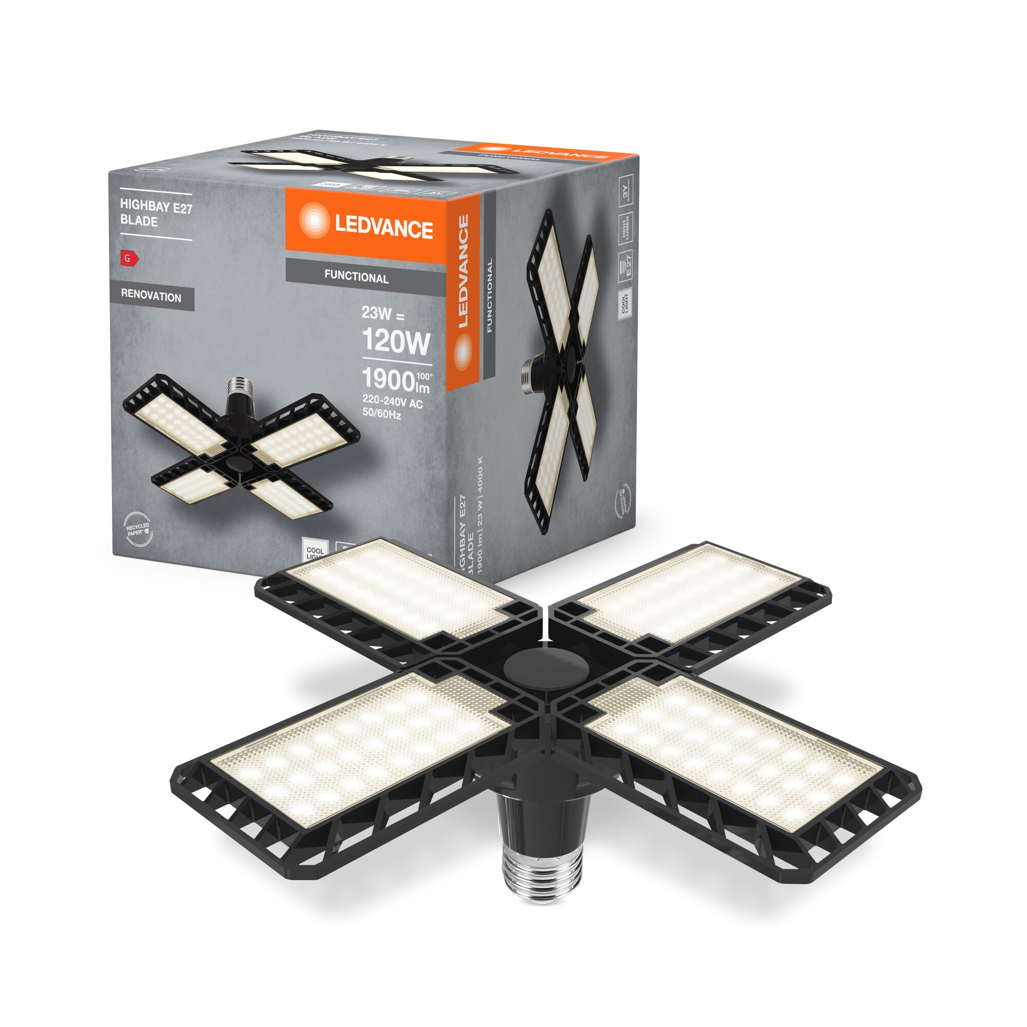 Plafoniera LED Ledvance Blade E27, 23W (120W), 2350 lm, lumina neutra (4000K), Negru, IP20, clasa energetica F