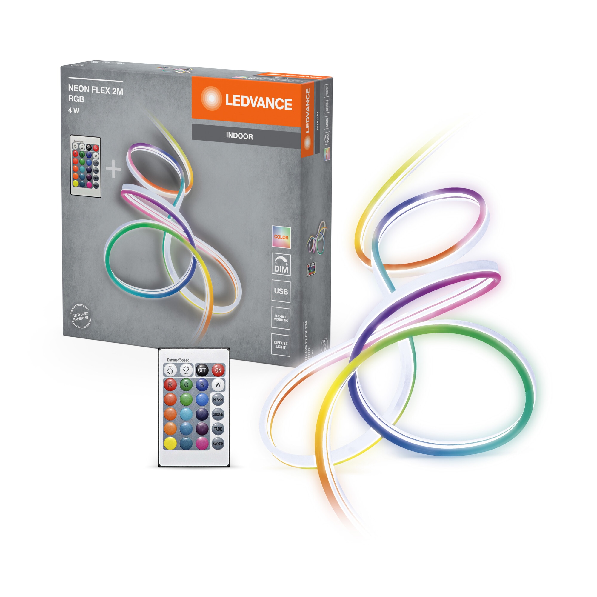Banda LED flexibila Ledvance Neon Flex lungime 2m, 4W, dimabila, cu telecomanda, USB-A, IP20