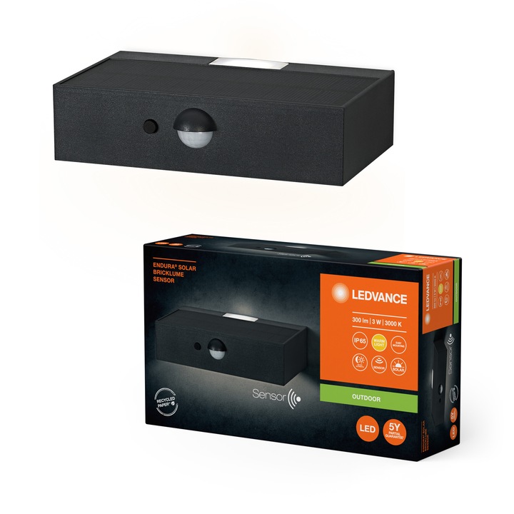 Aplica LED solara Ledvance Endura Solar Bricklume Sensor, 3W, 300 lm, lumina calda (3000K), senzor lumina, senzor miscare, PIR, IP65, baterie Litiu-Ion 18650, Gri inchis