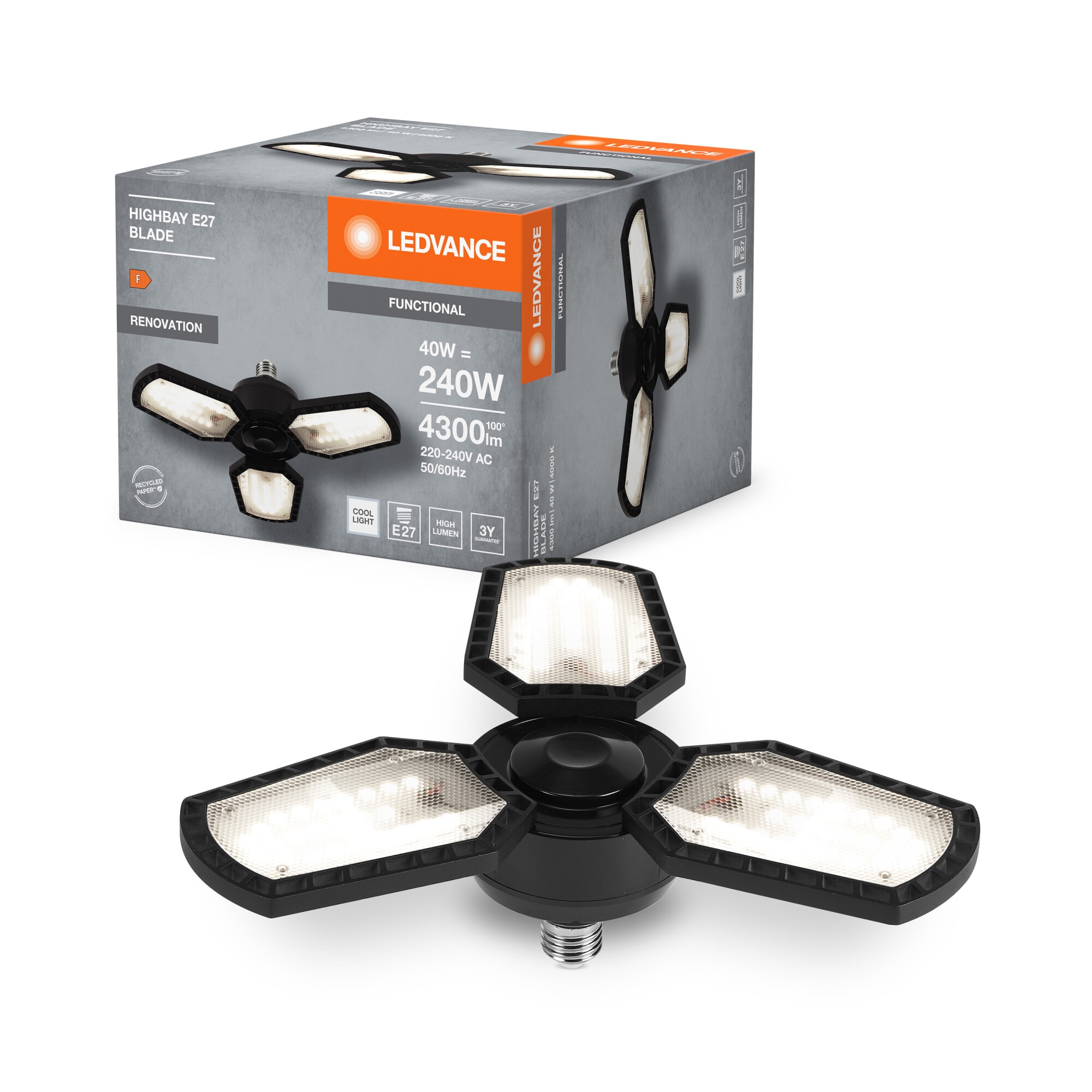 Plafoniera LED Ledvance Blade E27, 40W (240W), 4300 lm, lumina neutra (4000K), Negru, IP20, clasa energetica F