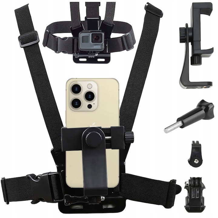 Sistem prindere pe piept GoPro Chest Mount, Ham piept dedicat camerelor de actiune, Set ham universal 5-in-1 pentru montare pe piept, Ham pentru piept pentru camera de actiune, Compatibil cu camerele video sport universalepentru