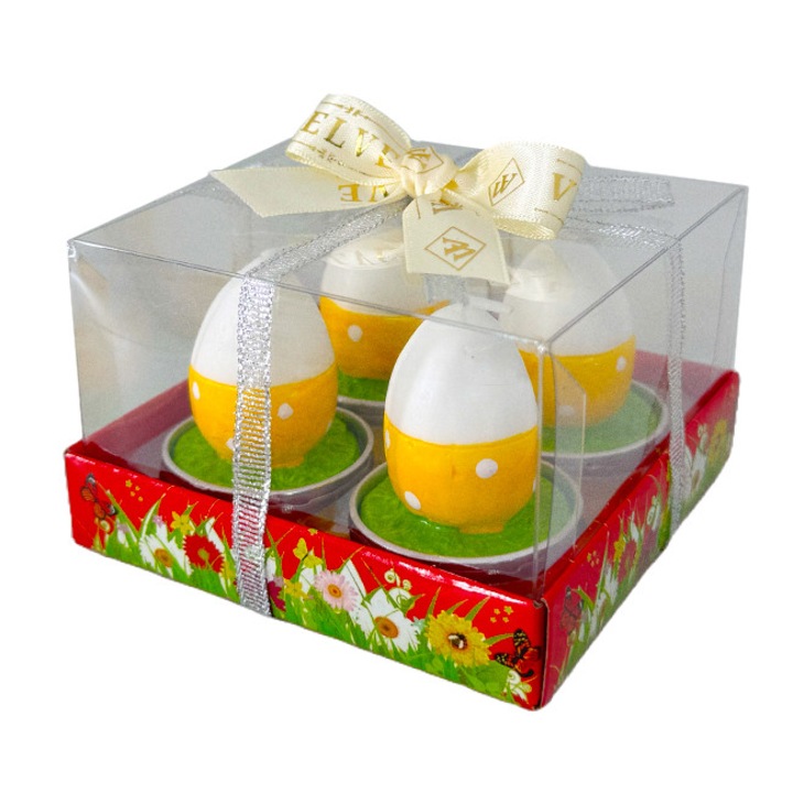 Декоративен комплект от четири свещи на тема Великден, боядисани яйца, портокал, кадифе