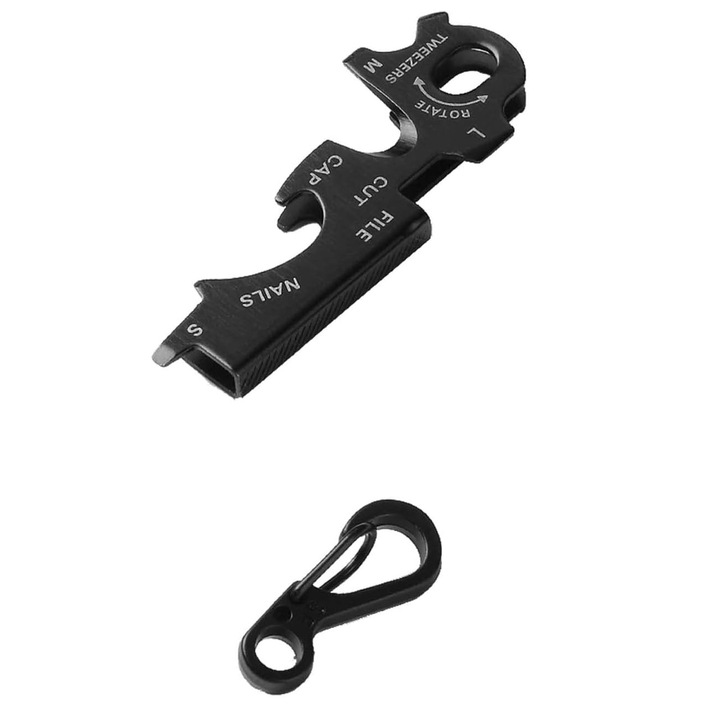 Kulcstartó, ZGGZERG, 8 az 1-ben multifunkciós kulcstartó, Csavarhúzókkal, üvegnyitókkal, Multifunkciós, Kicsi, Hordozható, Elvesztés elleni, Nem fakul könnyen, Túléléshez, túrázáshoz, kempingezéshez, Rozsdamentes acél, 50*20mm, Fekete