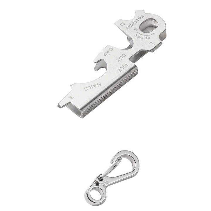 Kulcstartó, ZGGZERG, 8 az 1-ben többfunkciós kulcstartó, Csavarhúzókkal, üvegnyitókkal, Többfunkciós, Kicsi, Hordozható, Elvesztésgátló, Nem fakul könnyen, Túléléshez, túrázáshoz, kempingezéshez, Rozsdamentes acél, 50*20mm, Ezüst