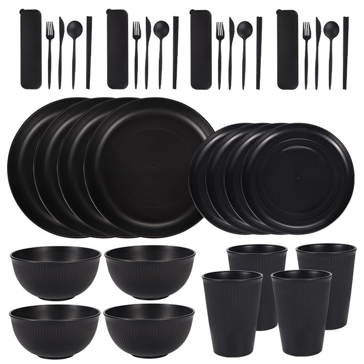 36 darabos étkészlet-készlet, ZGGZERG, 4 adag, Törhetetlen, Hordozható, Rakásolható, Helytakarékos, Hűtőszekrényben és mosogatógépben is mosható, Ideális kempingezéshez, lakókocsikhoz, piknikekhez, konyhába, PP, 22,5*3,3cm, Fekete