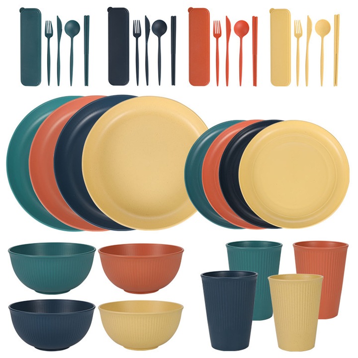 Комплект от 36 прибора за хранене, ZGGZERG, 4 порции, Нечуплив, Преносим, Подреждащ се, Спестяващ място, Безопасен за хладилник и съдомиялна машина, Идеален за къмпинг, каравани, пикници, кухни, PP, 22.5*3.3 см, Многоцветен