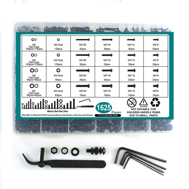 Комплект винтове и гайки, SINBINTA, 1625 броя шестостенни винтове, с прозрачна кутия за съхранение, плоски и заключващи шайби, устойчиви на корозия, лесни за употреба, за автомобили, електроника, домакинство, въглеродна стомана, M2/M3/M4/M5, черни