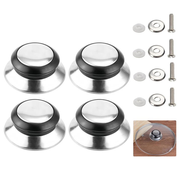 Set 4 manere pentru capace, ZGGZERG, Cu Accesorii, Design ergonomic, Portabil, Termorezistent, Rezistent la coroziune, Usor de instalat si utilizat, Pentru capace de ceainic, tigaie si cratita, Plastic/Otel, 6x2.5cm, Negru/Argintiu