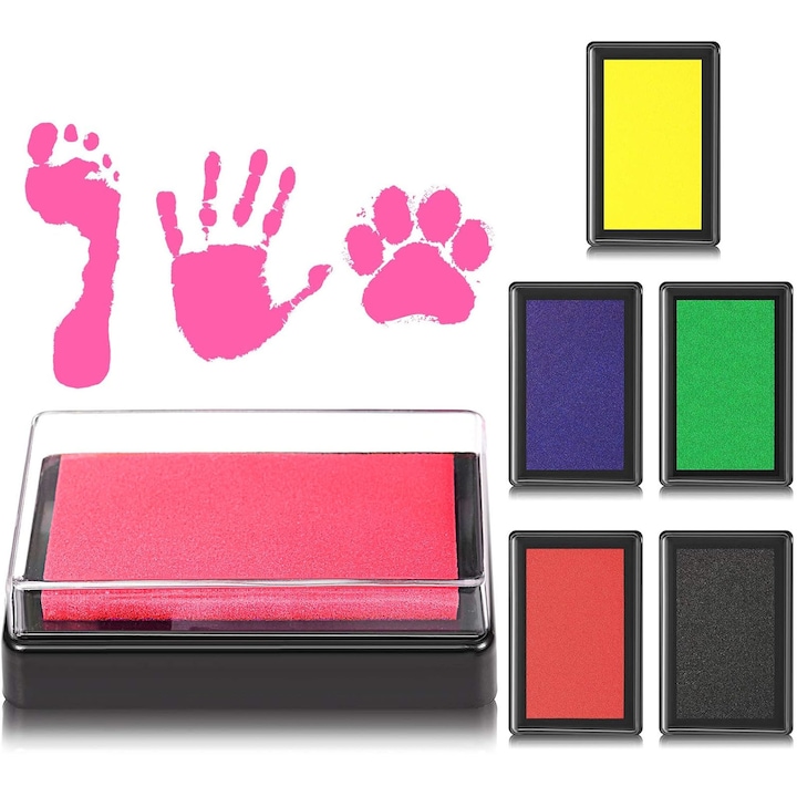 Set 6 stampile cerneala, SINBINTA, Set amprente bebelus, Sigur si non-toxic, Usor de utilizat si de curatat, Stivuibil, Se usuca rapid, Pentru tesaturi, lemn, hartie, amprenta copilului, EVA/Plastic, 93*65*22mm, Multicolor