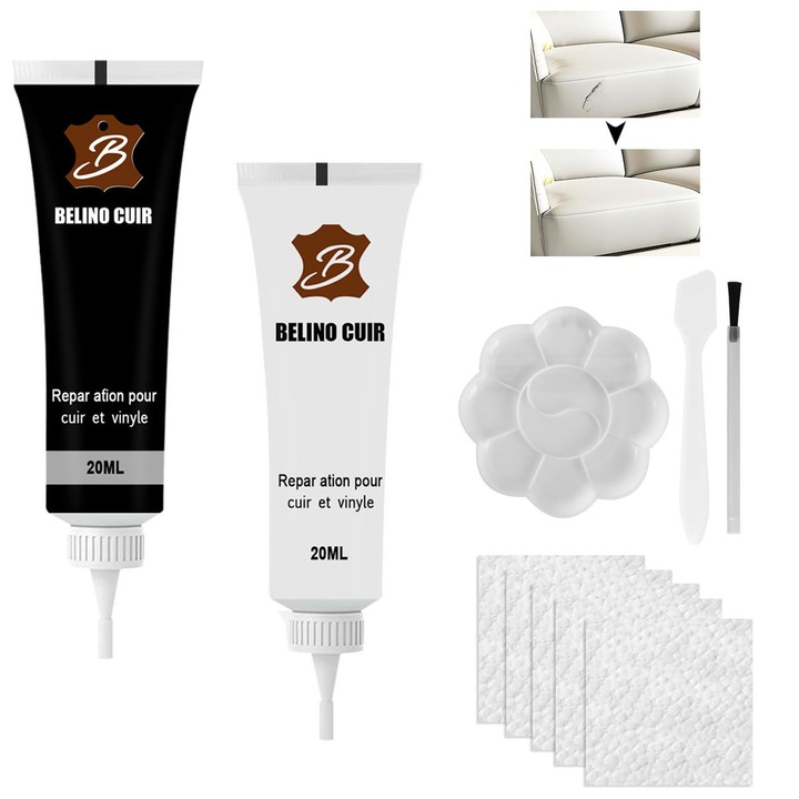 Solutie pentru reparat/restaurat piele, SINBINTA, Set de reparare piele, 20ml, Usor de folosit, Culorile usor de amestecat, Reparatie rapidaPentru repararea zgarieturilor pe mobilier, scaune auto, imbracaminte din piele, 11*3cm, Alb/Negru