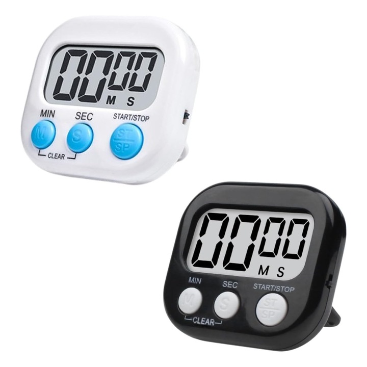 Комплект от 2 цифрови кухненски таймера, ZGGZERG, хронометър, с голям LCD дисплей и магнитен гръб и 2 AAA батерии, таймер, лесен за четене, преносим, издръжлив, регулируем с вибрация и звук, за офис, библиотека и кухня, ABS, 7.9 см, бял/черен