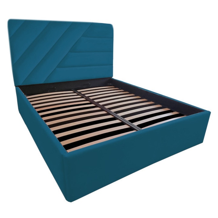 Pat tapitat Spectaculos, 200/200 cm, turcoaz 261, cu somiera metalica rabatabila si spatiu de depozitare