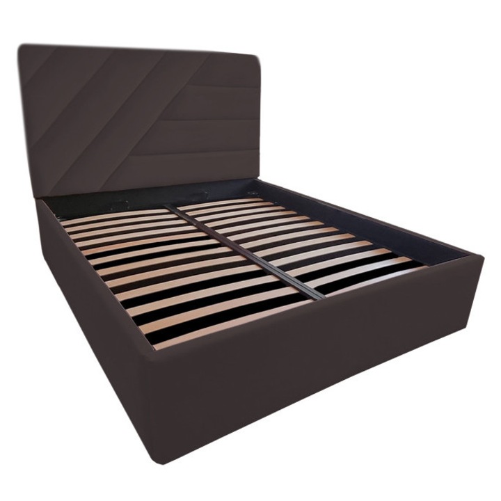 Pat tapitat Spectaculos, 140/200 cm, maro inchis 234, cu somiera metalica rabatabila si spatiu de depozitare