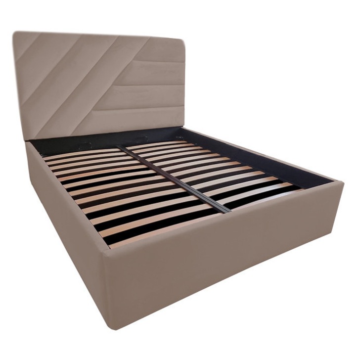 Pat tapitat Spectaculos, 140/200 cm, maro 253, cu somiera metalica rabatabila si spatiu de depozitare