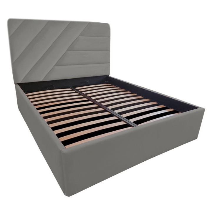 Pat tapitat Spectaculos, 180/200 cm, gri antracit 265, cu somiera metalica rabatabila si spatiu de depozitare