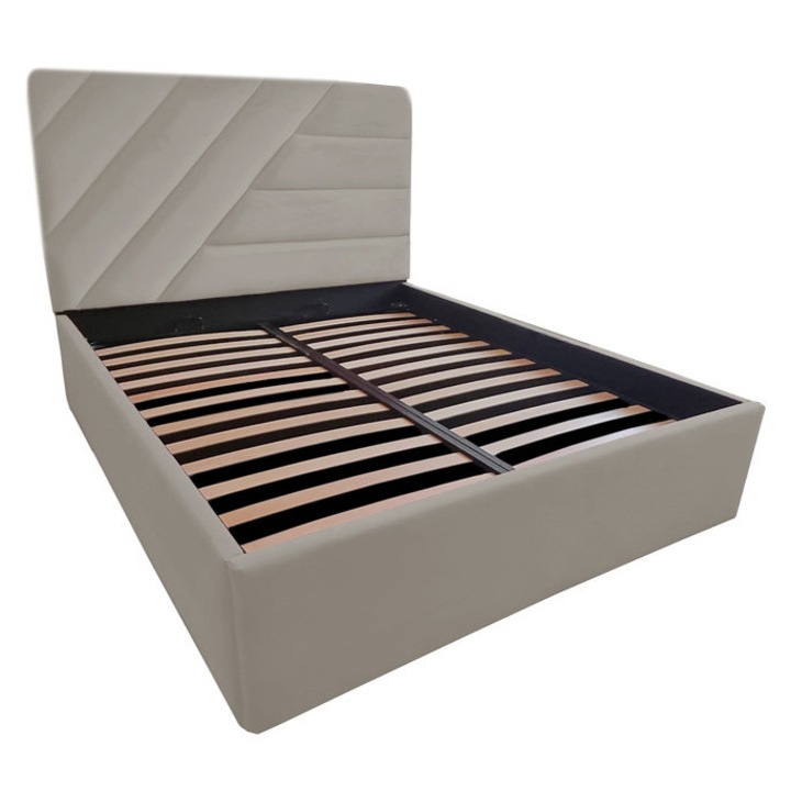 Pat tapitat Spectaculos, 160/200 cm, gri maroniu 233, cu somiera metalica rabatabila si spatiu de depozitare