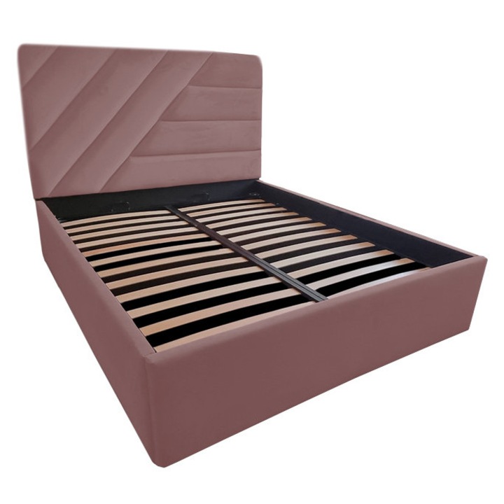 Pat tapitat Spectaculos, 200/200 cm, roz pudrat 254, cu somiera metalica rabatabila si spatiu de depozitare