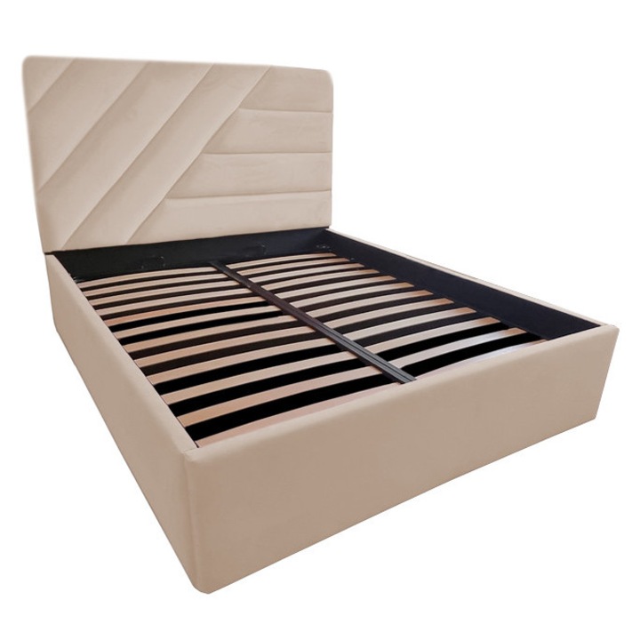 Pat tapitat Spectaculos, 200/200 cm, crem deschis 231, cu somiera metalica rabatabila si spatiu de depozitare