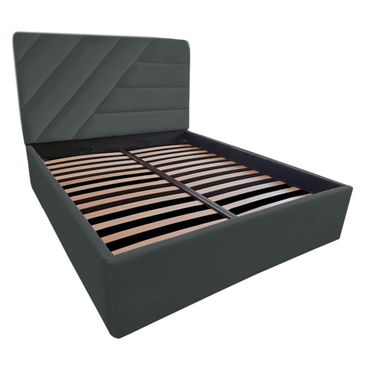 Pat tapitat Spectaculos, 180/200 cm, dark gray 268, cu somiera metalica rabatabila si spatiu de depozitare